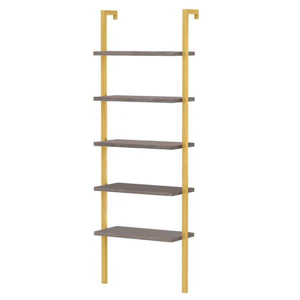 mieres 21 Saviq 70.8 in. Gold/Brown Metal Frame 5 Shelf Wall Mount Ladder Bookcase