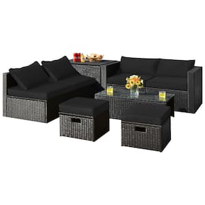 8-Piece Wicker Patio Conversation Set Storage Table Ottoman with Black Cushions