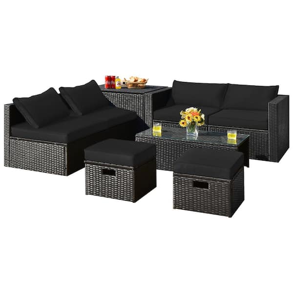 Costway 8-Piece Wicker Patio Conversation Set Storage Table Ottoman with Black Cushions