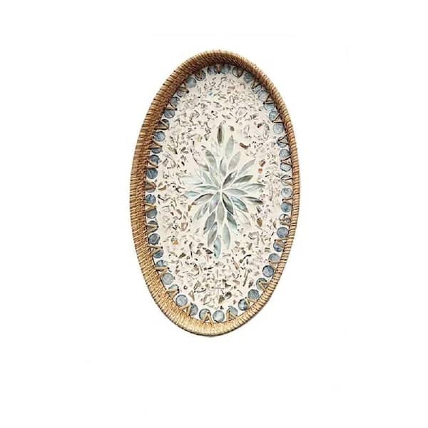 14.5 in. Handcrafted Rattan Serving Tray with Mother of Pearl Inlay Blue Lotus Pattern for Coffee Table