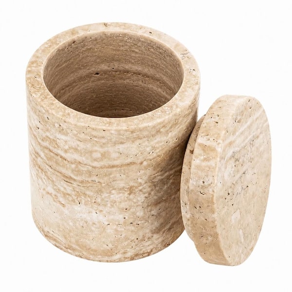 Countertop Natural Italian Marble Canister with Lid for Bathroom Vanity Cotton Swab Organizer in Beige