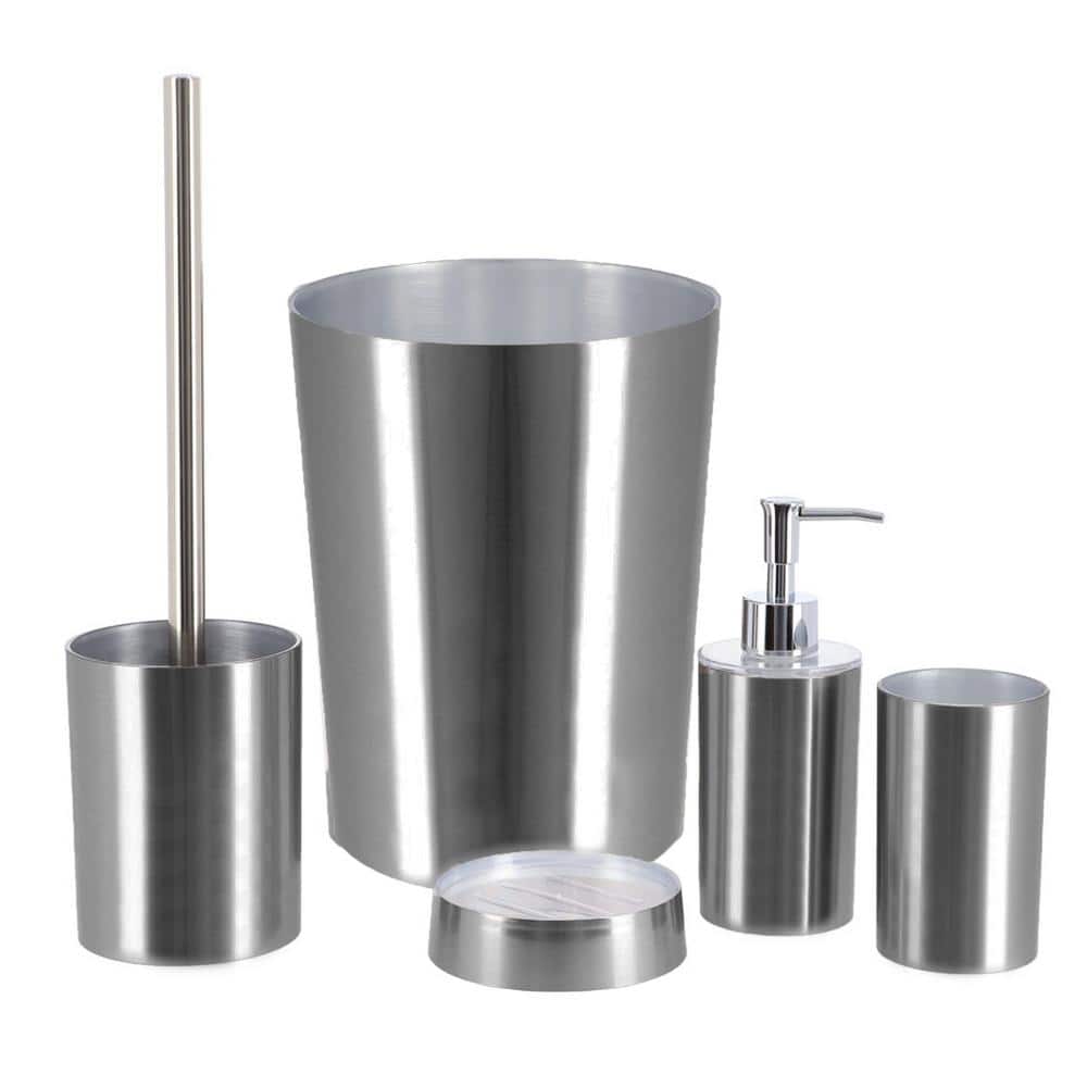 Medium Silver Brushed Aluminum Toilet Brush and Holder Set