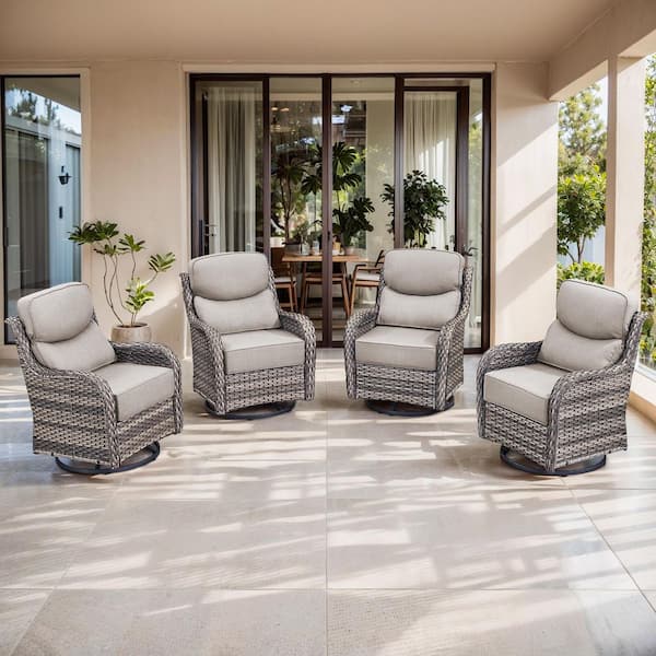 5 in. Thicken Outdoor Swivel Gray Wicker Outdoor Rocking Lounge Chair with CushionGuard Beige Cushions (Set 4-Pack)