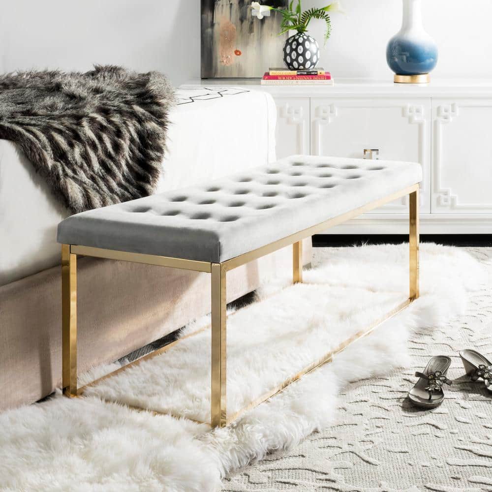 Reynolds Transitional 48" Grey Velvet Storage Bench with Brass Legs