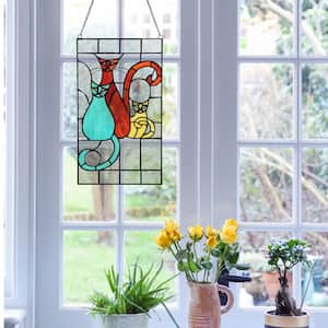 Three Cool Cats Red, Aqua and Yellow Stained Glass Decorative Window Panel