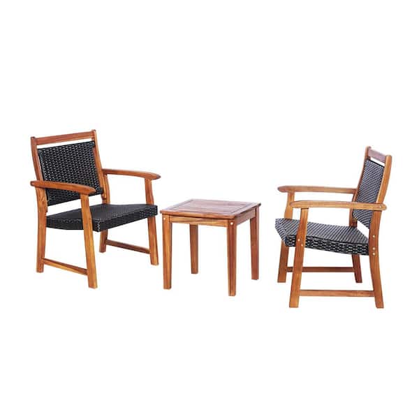 Gymax 3-Piece Patio Acacia Wood Rattan Bistro Set Outdoor Patio Conversation Furniture Set