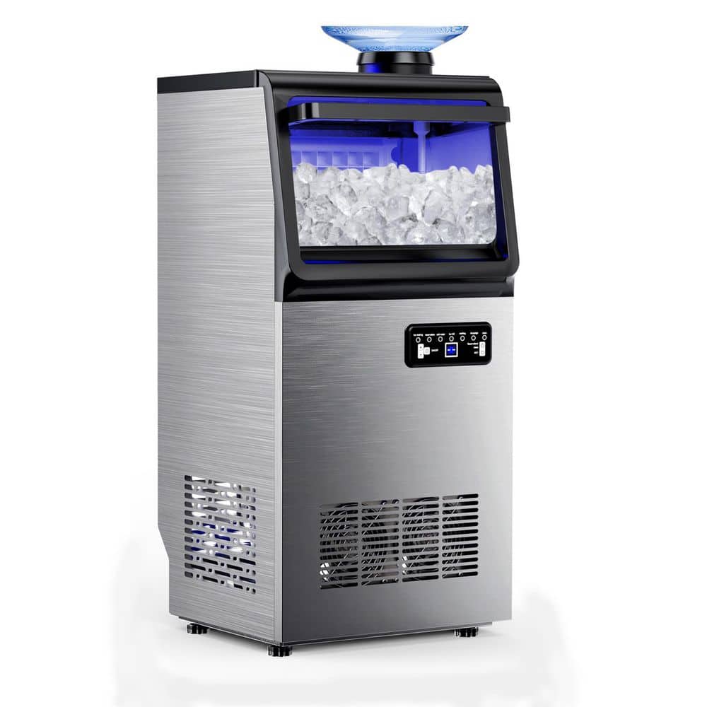 14 in. 100 lbs. Full Size Ice Cubes per day Ice Maker with Blue LEDs Interior in Silver Stainless Steel