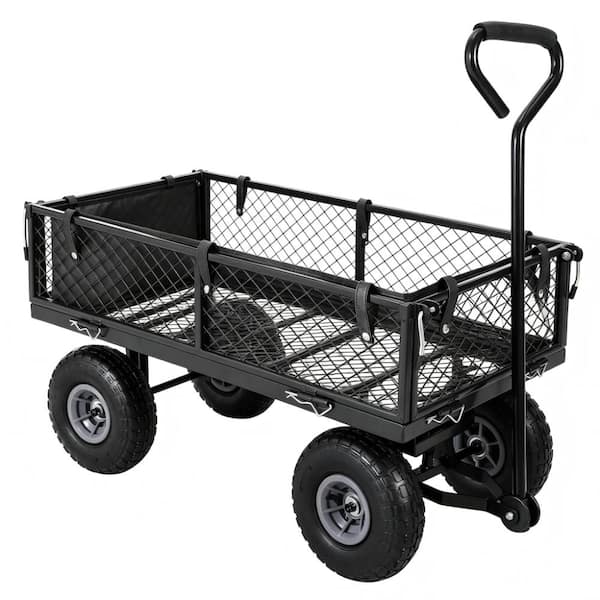 Heavy Duty Steel Garden Cart Wagon 500 lbs Capacity with Removable Mesh Sides, Liner, 10" Pneumatic Tires, for Lawn