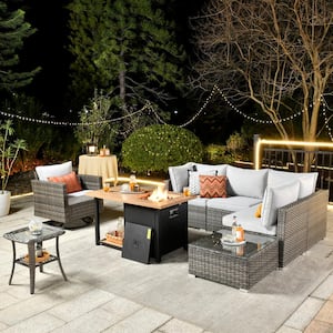 Sanibel Gray 8-Piece Wicker Patio Conversation Sofa Set with a Swivel Chair, a Storage Fire Pit and Light Gray Cushions
