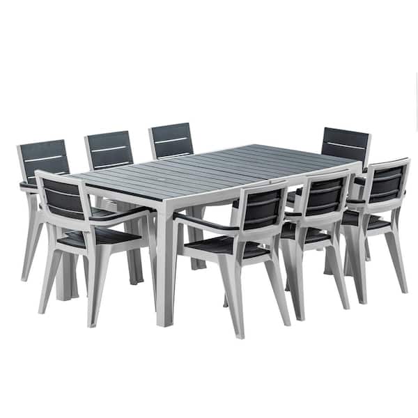 MQ Madeira 9-Piece Gray and Slate Indoor and Outdoor 8-Seat Rectangular Table and 8 Arm Chair Set