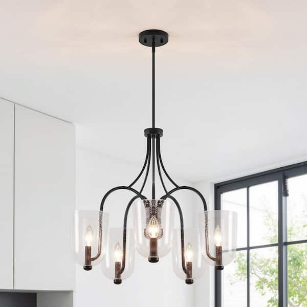 5-Light Painted Black Chandelier with Clear Seedy Glass Shades
