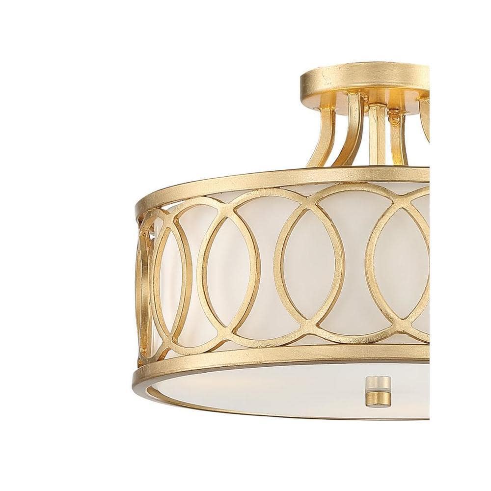 Libby Langdon Antique Gold Circular 3-Light Semi-Flush Mount with White Silk Shade