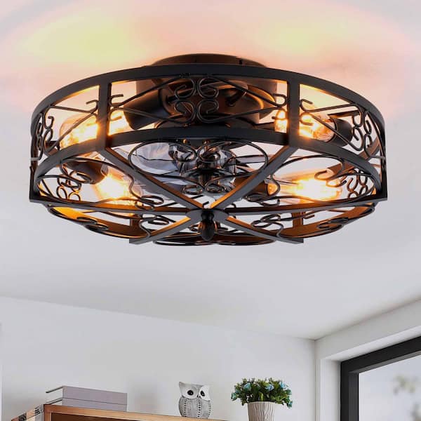 Thalovis 20 in. 4-Light Indoor Black Flush Mount Low Profile Caged Ceiling Fan with Light Fixture with Remote