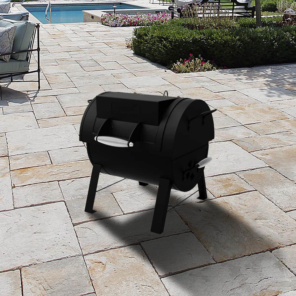 Portable Black Steel Tabletop Charcoal Grill with Smoker