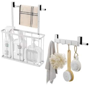 2-Piece Over Cabinet Door Organizer with Towel Bar and Towel Holder with Hooks for Kitchen and Bathroom in White