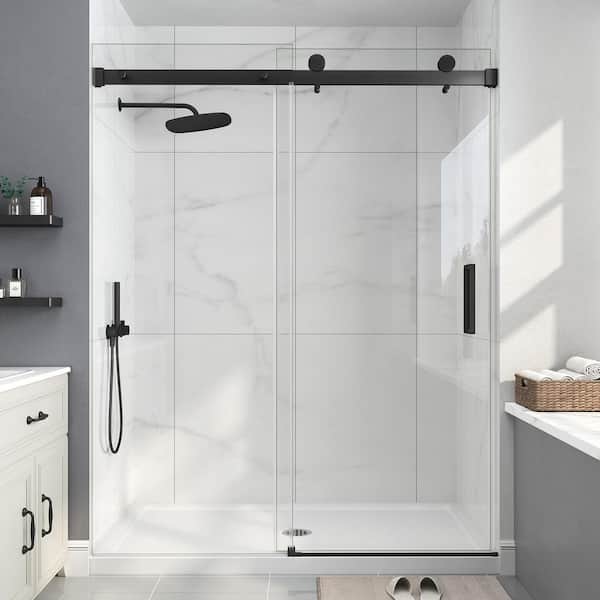 55 in. - 60 in. W x 76 in. H Sliding Frameless Shower Door in Matte Black with Clear Tempered Glass