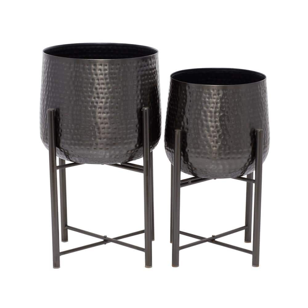 Large Black Metal Planter with Removable Stand, Set of 2