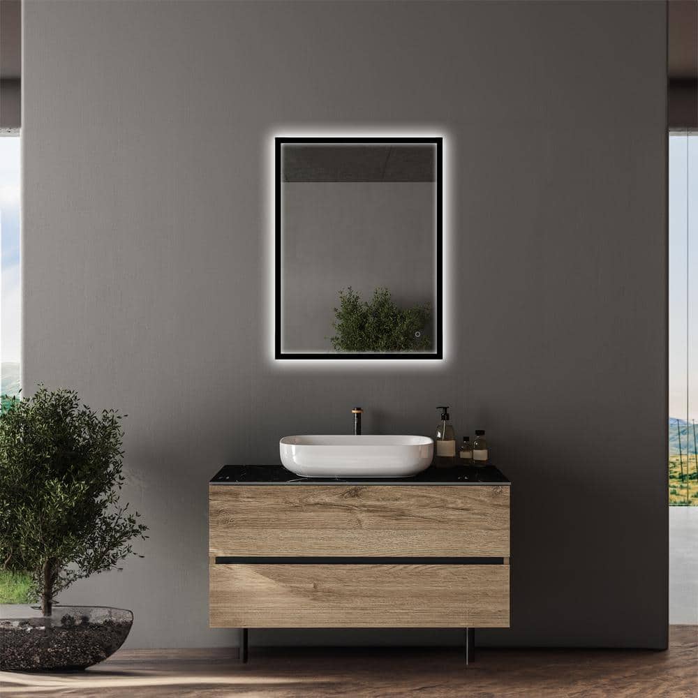 LEO 24 in. W x 32 in. H Rectangular Aluminum Framed Front and Backlit LED Wall Mount Bathroom Vanity Mirror in Black price history on PriceWatchPro