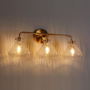 Modern 23.6 in. 3-Light Plated Brass Vanity Light with Bell Handmade Crackle Glass Shades Linear Bathroom Wall Light