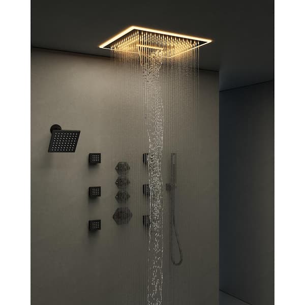 Thermostatic 6-Spray 16 and 6 in. Square LED Mood Lighting Bluetooth Music Shower System with Valve in Matte Black