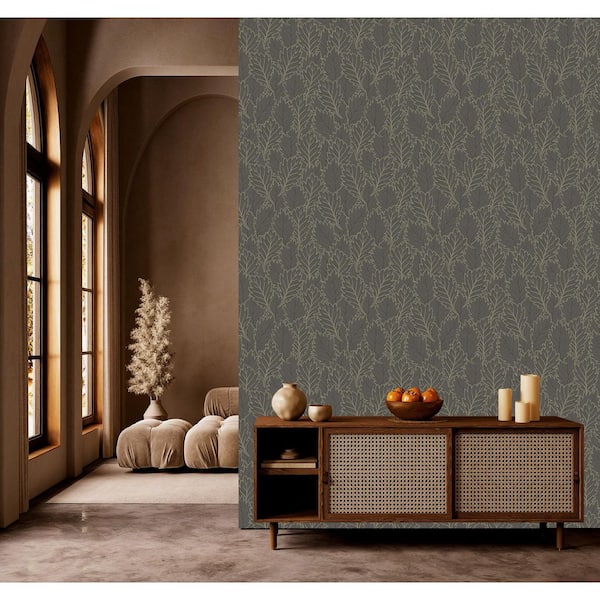 Merlin Grey & Deep Walnut Pressed Quercus Leaves Print Non Woven Non-Pasted Textured Wallpaper 57 Sq. Ft.