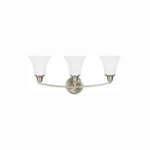 Metcalf 25 in. 3-Light Brushed Nickel Transitional Wall Bathroom Vanity Light with Satin Etched Glass and LED Bulbs