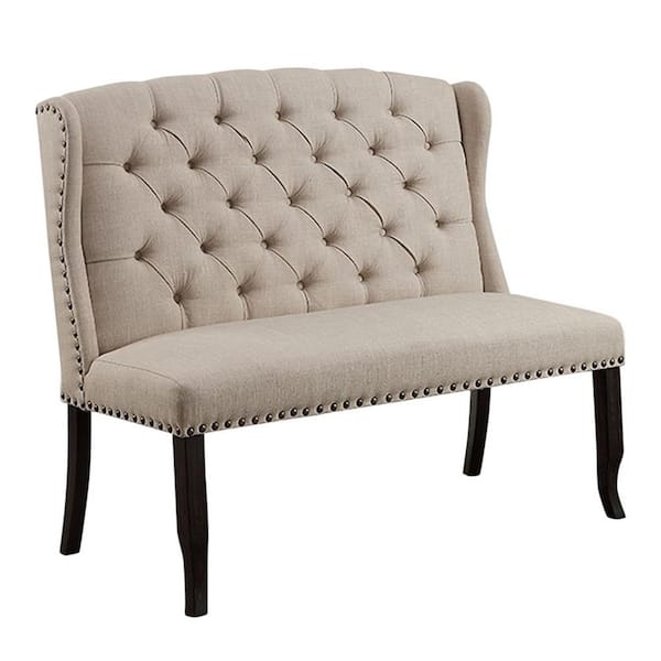 Benjara Beige and Black Fabric Upholstered Wing back Bench with Sturdy Wooden Legs 42" H x 48" W x 25" D