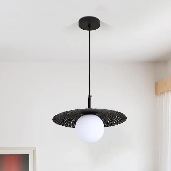 1-Light Black Diffuser Pendant Light with Metal Pleated black Shade and White Glass Shade