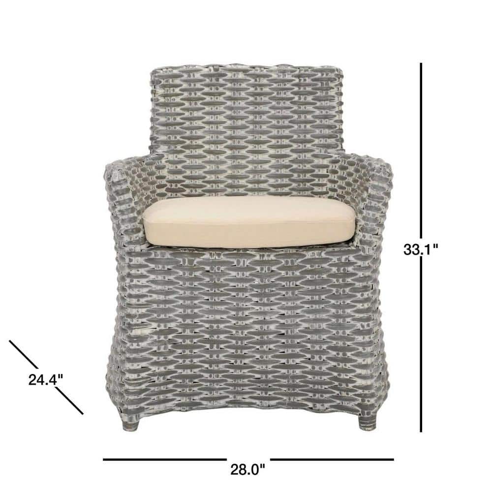 Modern Coastal Cabana Rattan Arm Chair with Beige Cushion - Grey White Wash