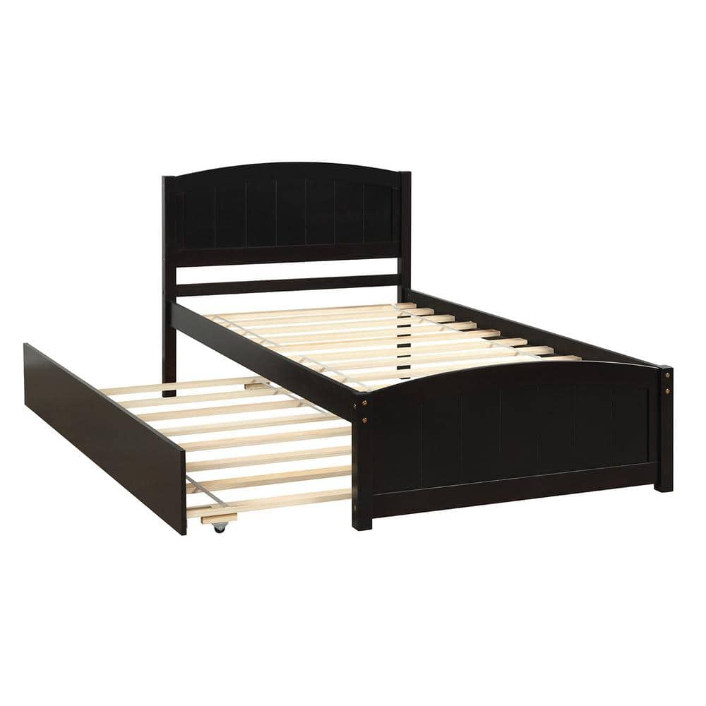 Espresso Twin Size Trundle Platform Bed with Pull Out Trundle Wood Bed Frame with Headboard, No Box Spring Need -  URTR, T-01030-P