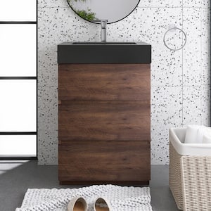 24 in. W x 18 in. D x 32.3 in. H Single Sink Freestanding Bath Vanity in Walnut with Black Solid Surface Top