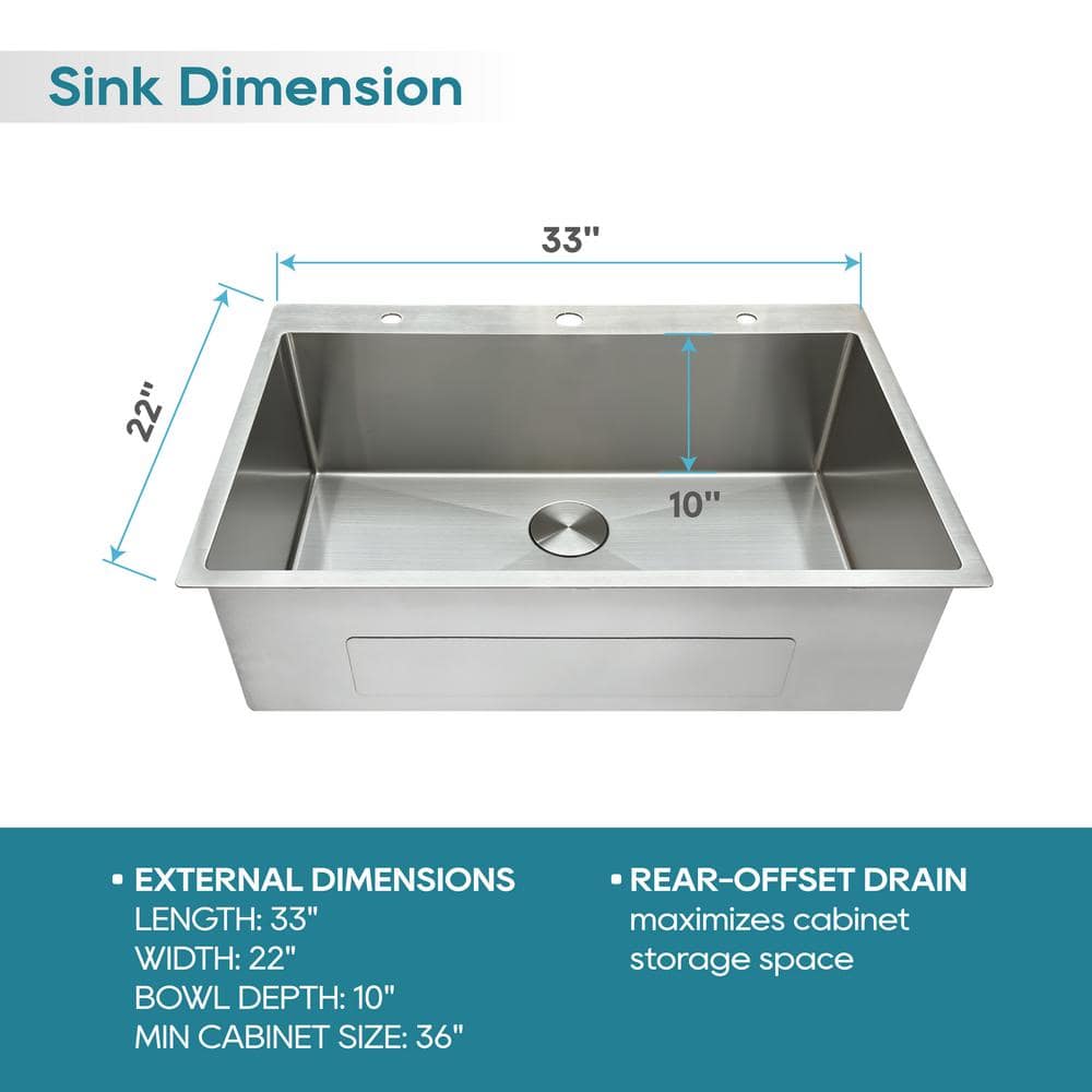 33" Brushed Stainless Steel Single Bowl Drop-In Kitchen Sink with Accessories