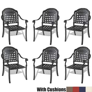 6-Pack Black Cast Aluminum Patio Outdoor Dining Chair with Random Color Cushions