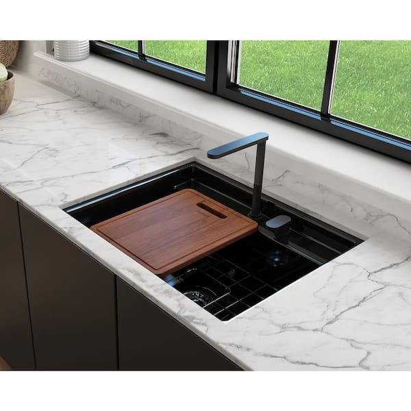 BOCCHI Baveno Uno Black Fireclay 27 in. Single Bowl Undermount/Drop-In 2-hole Kitchen Sink w/Integrated WS and Acc.