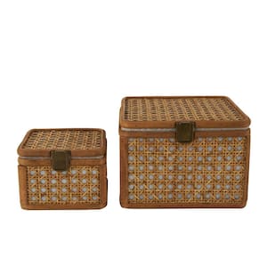 Square Rattan Handmade Woven Rattan Box with Bronze Latches (Set of 2)
