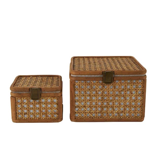 Litton Lane Square Rattan Handmade Woven Rattan Box with Bronze Latches (Set of 2)