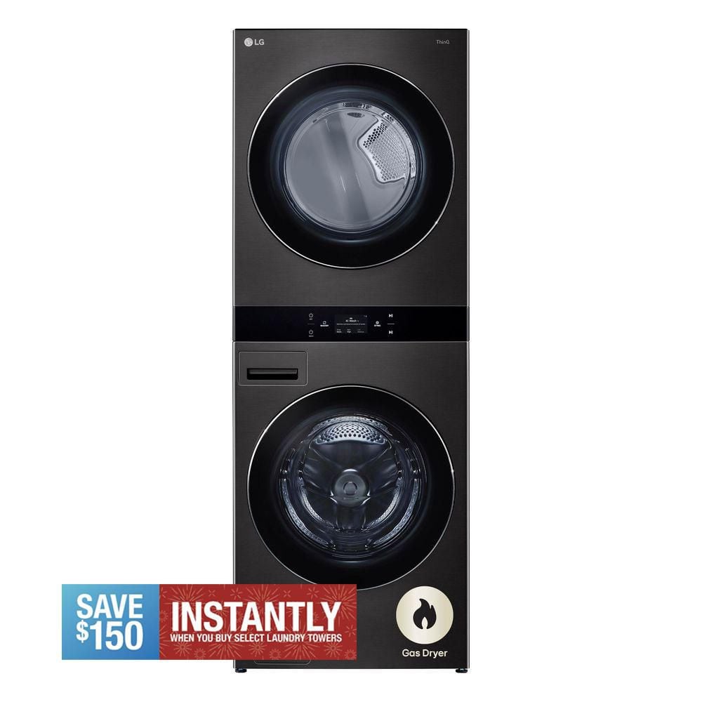 WashTower Stacked SMART Laundry Center 5.0 Cu.Ft. Front Load Washer & 7.4 Cu.Ft. Gas Dryer in Black Steel w/ Steam