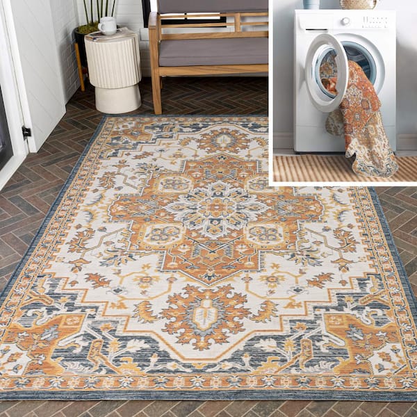 Bijan Traditional Vintage Medallion Reversible Machine-Washable Terra/Blue/Cream 5 ft. x 8 ft. Indoor/Outdoor Area Rug