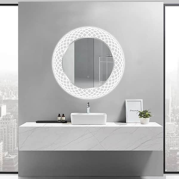 Dreamwerks Liza 32 in. W x 32 in. H Round Frameless LED Lighted Wall Mount Bathroom Vanity Mirror with Dimmer and Defogger