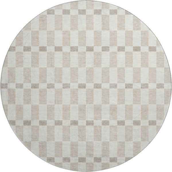Mayfield Premium Machine Washable Abstract AMF2547 Ivory 8 ft. x 8 ft. Round Rug