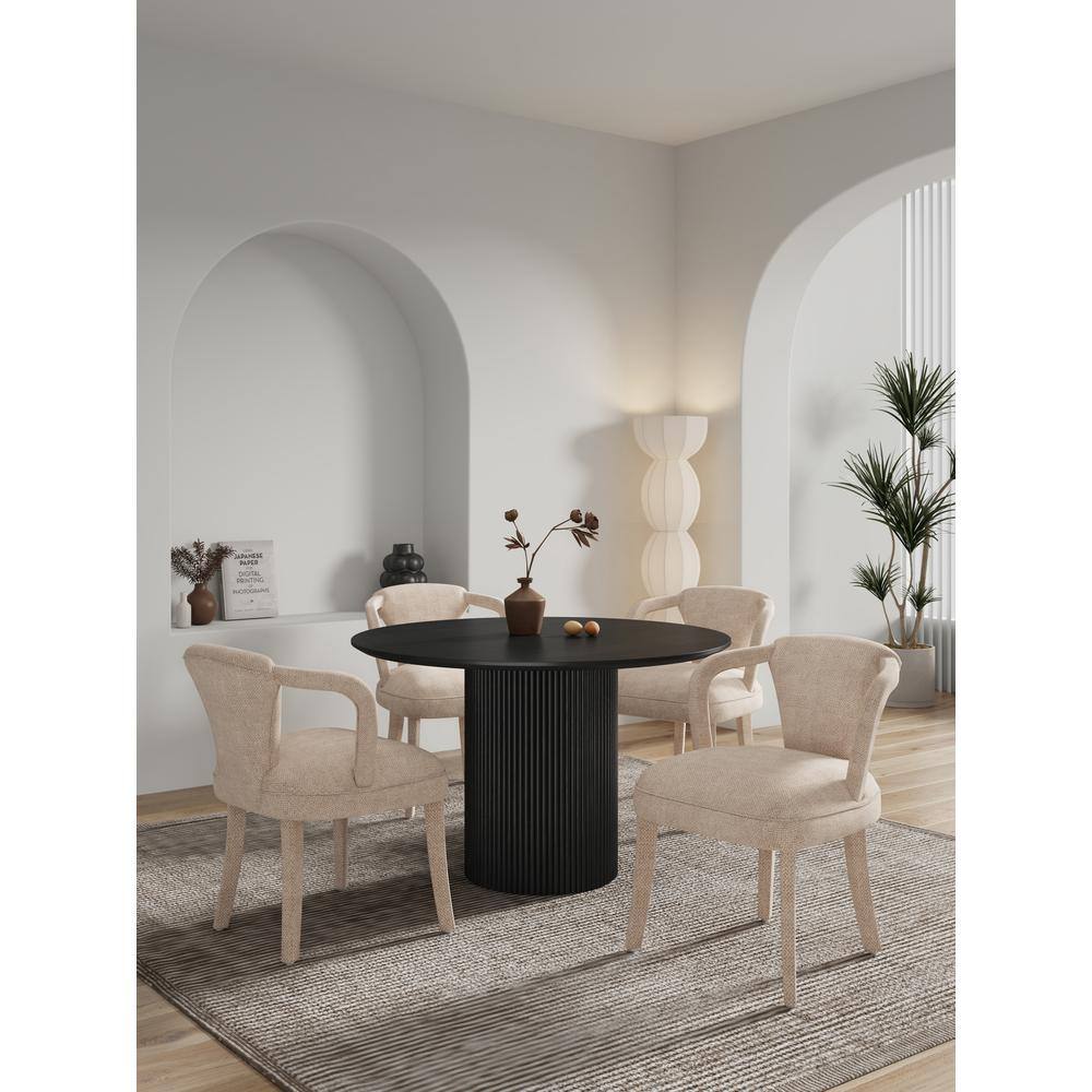 Modern Black Wood Round Dining Table with Beige Upholstered Arm Chairs