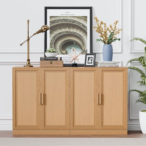 Modern Natural Wood 72 in. Buffet Sideboard with Woven Doors, Storage Cabinet for Dining Room, Living Room, or Entryway