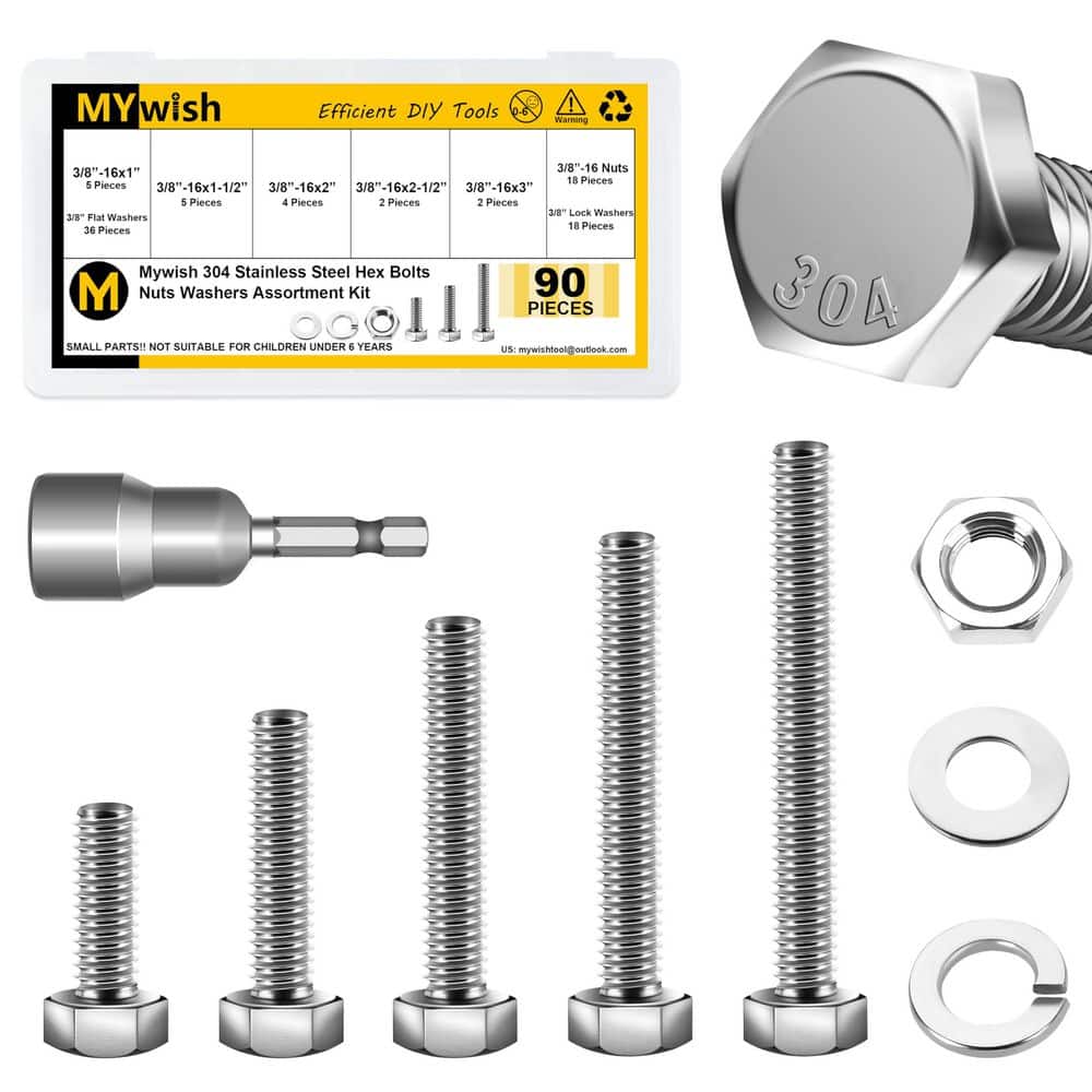 90-Piece 3/8 in. -16 Hex Head Bolt, Nut, and Washer Assortment Kit, Heavy-Duty 304-Stainless Steel price history on PriceWatchPro