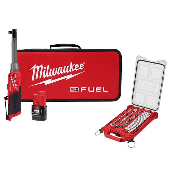 Milwaukee M12 FUEL 12V Lithium-Ion 3/8 in. Extended Reach High Speed Cordless Ratchet Kit w/3/8 in. Drive Mechanics Tool Set