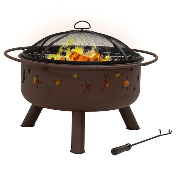 Cosmic 30 in. x 20 in. Round Bronze Steel Wood Burning Fire Pit with Cooking Grill and Spark Screen