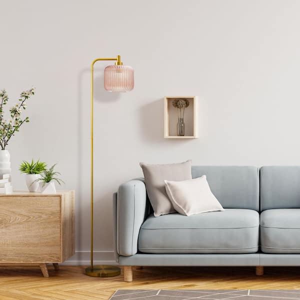 Elaine 62.75 in. Brushed Gold-Colored Floor Lamp with Pink Contoured Glass Shade