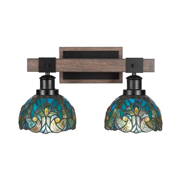 Unbranded Richmond 17 in. 2-Light Vanity Light Matte Black and Wood-look Metal with 7 in. Art Glass Shades no bulbs included