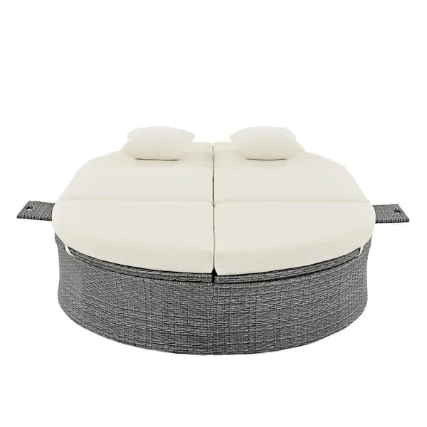Unbranded Wicker Outdoor Lounge Terrace 2 Person Sofa Bed with Adjustable Backrest, Cushions and Pillows for Lawn Poolside Beige