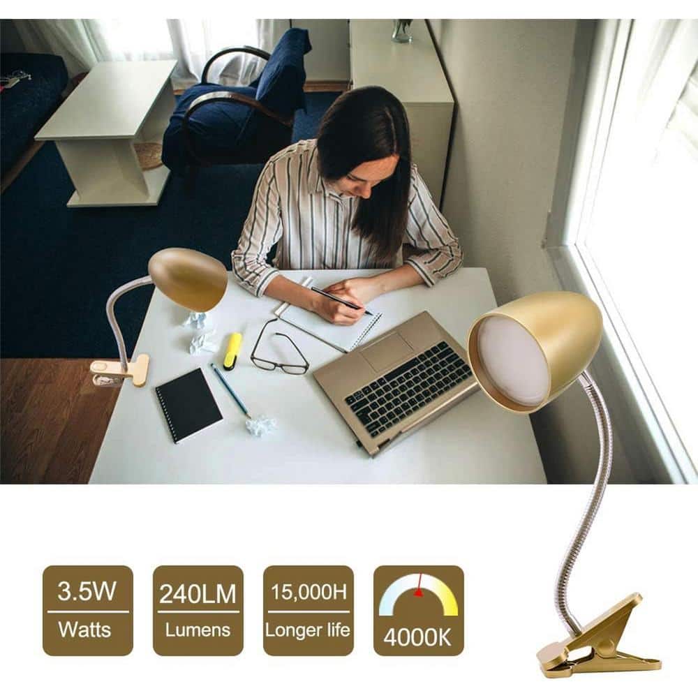 Gold Adjustable Clip-On Arc Lamp with Integrated LED
