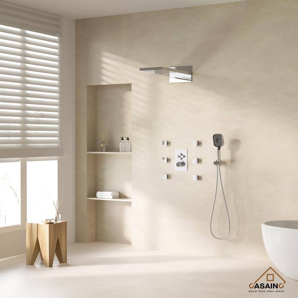 Chrome Dual-Function Wall Mounted Rainfall Shower System with Body Jets